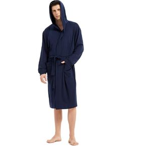 HOLOVE Men's Pure Cotton Bathrobe Lightweight Kimono and Hooded Spa Robes Soft Sleepwear