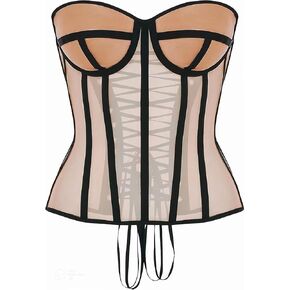 Mesh Corset Tops For Women Lace Up Corset Boned Bustier Sexy Overbust Top Removable Spaghetti Strap Shapewear