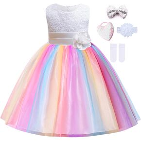 Little Girl's Sequin Sleeveless Mesh Rainbow Party Wedding Flower Dress with Accessories