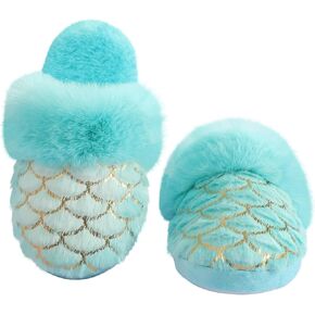 Girls Fluffy Slippers,Sequin Faux Fur Fuzzy Slip-on House Slippers with Memory Foam House Shoes for Girls Bedroom Slippers