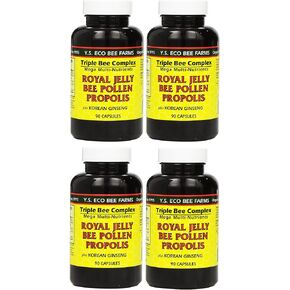 Y.S. Eco Bee Farms ، (4 Pack) Royal Jelly ، Bee Gollen ، Propolis ، بالإضافة إلى الجينسنغ الكوري ، 90 كبسولة