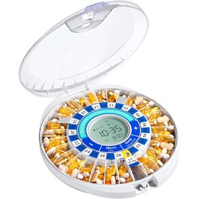 Daviky Automatic Pill Dispenser for Elderly with Alarm, 28-Day Electronic Locked Pill Box, Sound & Light Reminders for Medication, Vitamins, and Supplements(Blue)