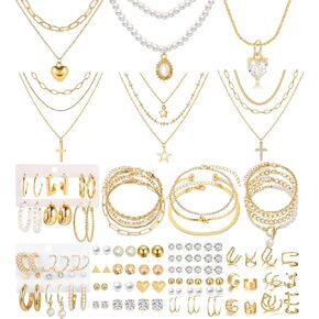 120PCS Gold Jewelry Sets For Women, With 7 Necklace,12 Bracelet,30pcs Hoop Earring,59pcs stud earrings and 12pcs cuff Ear Earrings Friendship for Happy Gifts