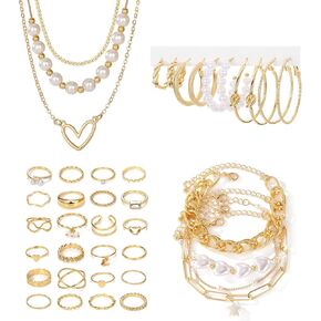 KISS WIFE Gold Plated Jewelry Set for Women with Multi Layered Necklaces, Stackable Bracelets, Knuckle Rings, Hoop Earrings Sets, Fashion Outfit Accessories Jewelry Packs, Gifts for Women