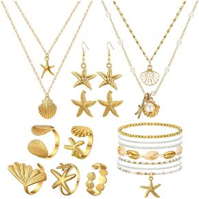 Tondiamo 16 Pcs Seashell Starfish Jewelry Set Seashell Earrings Rings Boho Layer Charm Necklace Summer Beach Bracelets and Natural White Anklet Set for Holiday Vacation Women Gifts