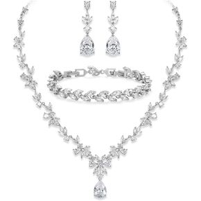 Crysdue Wedding Jewelry Set for Women, Floral Leaf Vine Teardrop Necklace Dangle Earrings Bracelet and Hair Comb, Cubic Zirconia Elegant Party Prom Jewellery for Bridal Bridesmaid