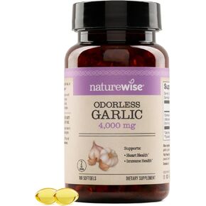 NatureWise Odorless Garlic Supplement 4000mg - Ultra Potent 100:1 Extract - Healthy Cholesterol Formula, Heart Health Support - Non-GMO, Gluten Free, with Halal Gelatin - 60 Count[30-Day Supply]