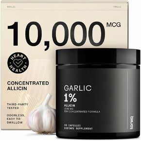 كبسولات الثوم مع allicin 10000mcg - بدون رائحة - 50: 1 مستخلص لأقصى قدر من الفاعلية - مختبر الطرف الثالث - 60 كبسولات نباتية