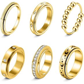 Fidget Rings for Anxiety 6pcs Stainless Steel Spinner Ring Anti Anxiety Ring Spinning Moon Star Cool Stress Relieveing CZ Rings for Women Men Band Rings Set in Saudi Arabia