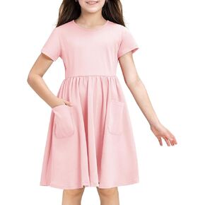 Stelle Girls Dresses Cotton Short Sleeve Dress Cute Midi Casual Sundress with 2 Pockets