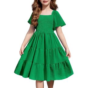 Arshiner Girls Summer Dress Tween Boho Casual Smocked Swing Flowy Ruffle Midi Dresses with Pockets