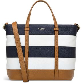 RADLEY London Farringdon Stripe Women's Medium Leather Ziptop Satchel Bag, Caramel