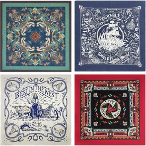 4-Pack 100% Cotton Bandana Set, Vintage Graphic Print, 22x22 inches