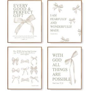 LARTSFRO Coquette Pink Bow Wall Art Decor Posters, Pink Bow Room Bedroom Bathroom Wall Art Decor Aesthetic for Teen Girls Gifts, Inspirational Bible Verses Bow Wall Decor, 10x8 Inch Set of 4 Bow Pictures (UNFRAMED)