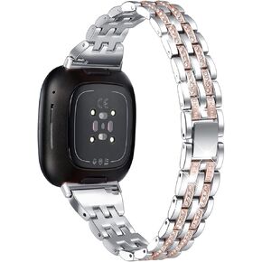 أساور بلينغ متوافقة مع Fitbit Versa 4/Sense 2/Versa 3/Sense، أساور معصم معدنية بديلة أنيقة للنساء