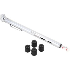 Accu-Gage Pencil Tire Pressure Gauge (10-75 PSI) Heavy Duty Stainless Steel High Pressure Gauge Single Head Air Chuck wi/Built-in Deflator, 4 Replacement Tire Valve Caps