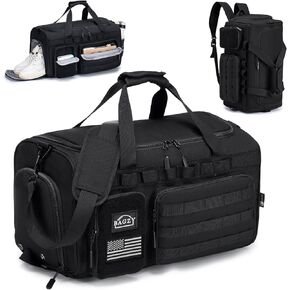 BAGZY 3 In 1 Tactical Military Travel Duffle Bag 40L with Shoe Compartment Gym Bag Backpack for Fitness Weekender Deployment Workout Black