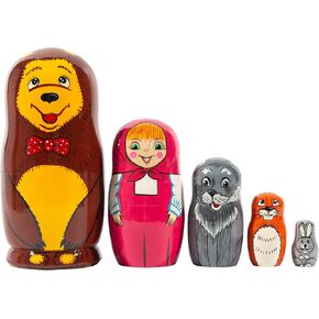 دمى التعشيش الروسية الروسية ألعاب التعشيش الخشبية دمية جنية Masha و Bear Matryoshka 5 Dolls Nesting Doll Animals
