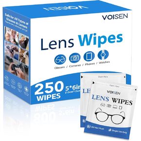 VOISEN Lens Wipes for Eyeglasses,250 Pack Eye Glasses Cleaner Wipes,Pre-Moistened Individually Wrapped Lens Wipes,Non-Scratching Non-Streaking,Safe for Eyeglasses, Goggles, Camera Lens, Phone