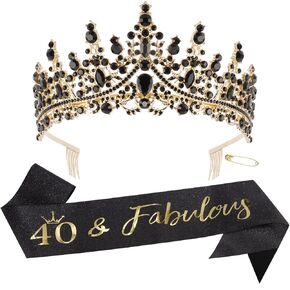 Canitor الأربعين عيد ميلاد التاج ومجموعة SASH - تاج أسود متألقة مع "40" و "رائع" وشاح - ديكورات عيد ميلاد النساء الأربعين