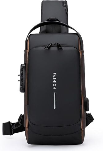 Travel Sling Bag Waterproof Crossbody Bag with Combination Lock Anti-Theft PU Leather Chest Bag with USB Charging Hole Shoulder Backpack Motorcycle Bags Black-gold in Saudi Arabia