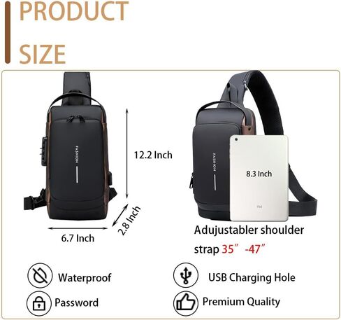 Travel Sling Bag Waterproof Crossbody Bag with Combination Lock Anti-Theft PU Leather Chest Bag with USB Charging Hole Shoulder Backpack Motorcycle Bags Black-gold in Saudi Arabia