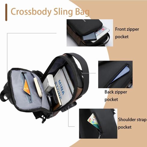Travel Sling Bag Waterproof Crossbody Bag with Combination Lock Anti-Theft PU Leather Chest Bag with USB Charging Hole Shoulder Backpack Motorcycle Bags Black-gold in Saudi Arabia