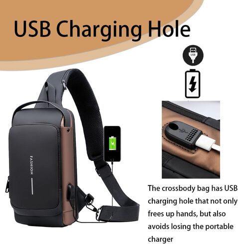 Travel Sling Bag Waterproof Crossbody Bag with Combination Lock Anti-Theft PU Leather Chest Bag with USB Charging Hole Shoulder Backpack Motorcycle Bags Black-gold in Saudi Arabia