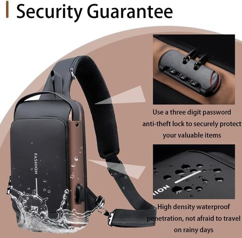 Travel Sling Bag Waterproof Crossbody Bag with Combination Lock Anti-Theft PU Leather Chest Bag with USB Charging Hole Shoulder Backpack Motorcycle Bags Black-gold in Saudi Arabia