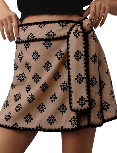 Women Wrap Skort 2025 Casual Summer Flowy Mini Skirt Knot Side Elastic Waist Bodycon Print Skirt with Belt in Kuwait