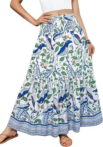YHYJMY Women's Boho Skirt Elastic High Waist Pleated A-Line Flared Maxi Skirts Womens Flowy Long Skirts in Saudi Arabia