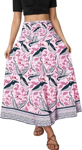 YHYJMY Women's Boho Skirt Elastic High Waist Pleated A-Line Flared Maxi Skirts Womens Flowy Long Skirts in Saudi Arabia