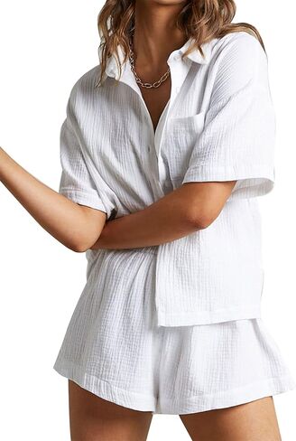 Flygo Womens Casual 2 Piece Outfits Cotton Linen Sets Button Down Shirt Shorts Resort Wear 2025 Pajama Beach Coverup Set in Saudi Arabia