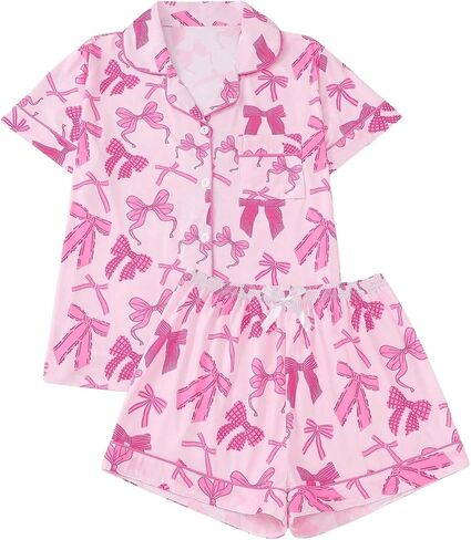 SHENHE Women's 2 Piece Pajama Set Bow Graphic Button Down Short Sleeve Lapel Shirt Pj Short Set in Saudi Arabia