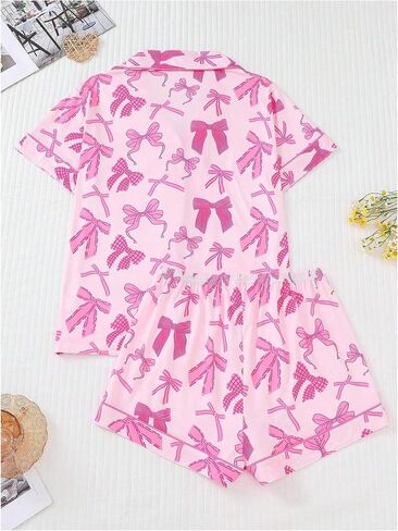 SHENHE Women's 2 Piece Pajama Set Bow Graphic Button Down Short Sleeve Lapel Shirt Pj Short Set in Saudi Arabia