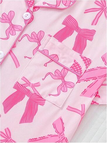 SHENHE Women's 2 Piece Pajama Set Bow Graphic Button Down Short Sleeve Lapel Shirt Pj Short Set in Saudi Arabia