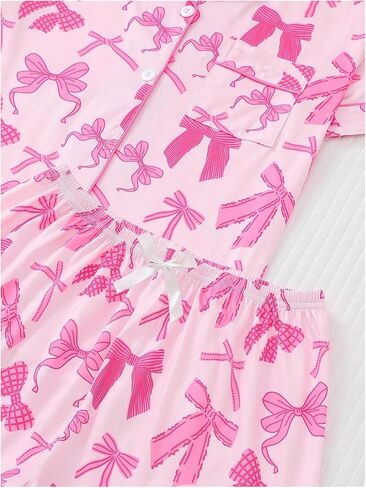 SHENHE Women's 2 Piece Pajama Set Bow Graphic Button Down Short Sleeve Lapel Shirt Pj Short Set in Saudi Arabia