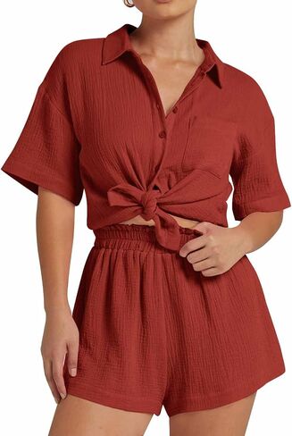 Flygo Womens Casual 2 Piece Outfits Cotton Linen Sets Button Down Shirt Shorts Resort Wear 2025 Pajama Beach Coverup Set in Saudi Arabia