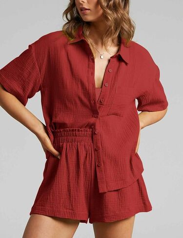 Flygo Womens Casual 2 Piece Outfits Cotton Linen Sets Button Down Shirt Shorts Resort Wear 2025 Pajama Beach Coverup Set in Saudi Arabia