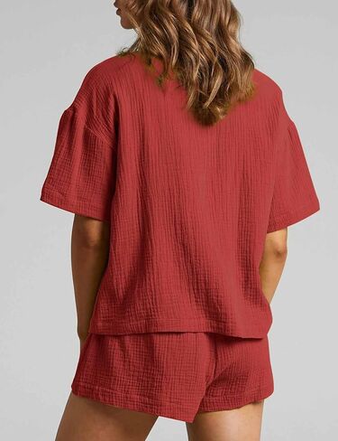 Flygo Womens Casual 2 Piece Outfits Cotton Linen Sets Button Down Shirt Shorts Resort Wear 2025 Pajama Beach Coverup Set in Saudi Arabia