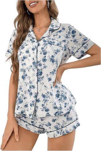 SHENHE Women's 2 Piece Pajama Set Bow Graphic Button Down Short Sleeve Lapel Shirt Pj Short Set in Saudi Arabia