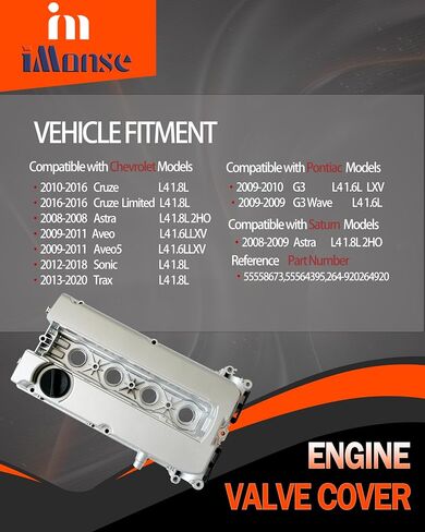 Engine Valve Cover Aluminum Compatible with Chevy Cruze 2010-2016 Aveo Aveo5 2009-2011 Sonic 2012-2018 Trax 2013-2020 Pontiac G3 2009-2010 1.6L 1.8L Replace 55564395 in Saudi Arabia