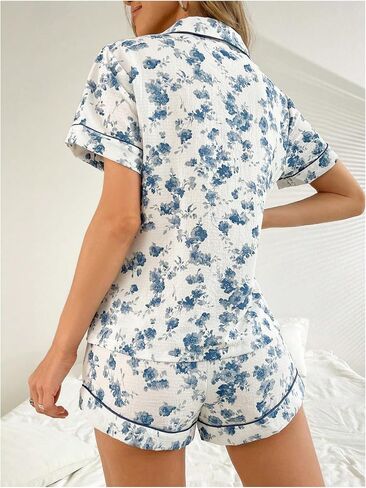 SHENHE Women's 2 Piece Pajama Set Bow Graphic Button Down Short Sleeve Lapel Shirt Pj Short Set in Saudi Arabia