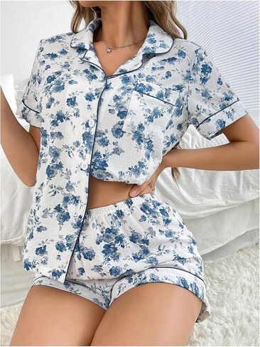SHENHE Women's 2 Piece Pajama Set Bow Graphic Button Down Short Sleeve Lapel Shirt Pj Short Set in Saudi Arabia