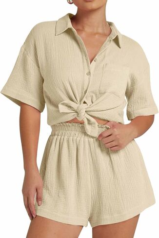 Flygo Womens Casual 2 Piece Outfits Cotton Linen Sets Button Down Shirt Shorts Resort Wear 2025 Pajama Beach Coverup Set in Kuwait