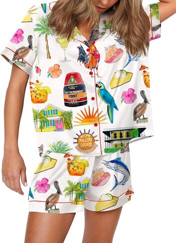 sheshow مضحك البيجامات الرسومية للنساء ضبط زر أسفل الأكمام القصير والقصيرة PJS تعيينات Sleepwear XS-XXL in Kuwait