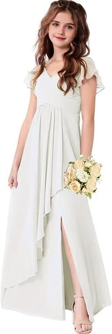 Chiffon Junior Bridesmaid Dresses for Girls Ruffle Sleeves Party Formal Gowns Wedding Guest V Neck Flower Girl Dress in Kuwait