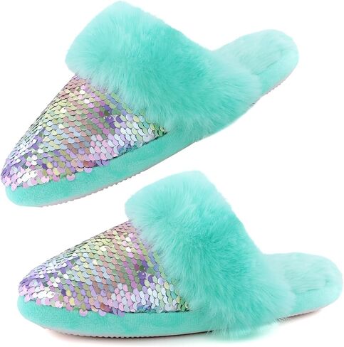 Orthoshoes Girls Sequined Fluffy Slippers, Faux Fur Memory Foam, Non-Slip Indoor House Shoes in Kuwait