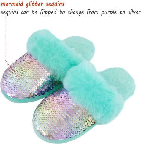 Orthoshoes Girls Sequined Fluffy Slippers, Faux Fur Memory Foam, Non-Slip Indoor House Shoes in Kuwait