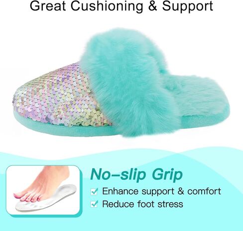 Orthoshoes Girls Sequined Fluffy Slippers, Faux Fur Memory Foam, Non-Slip Indoor House Shoes in Kuwait